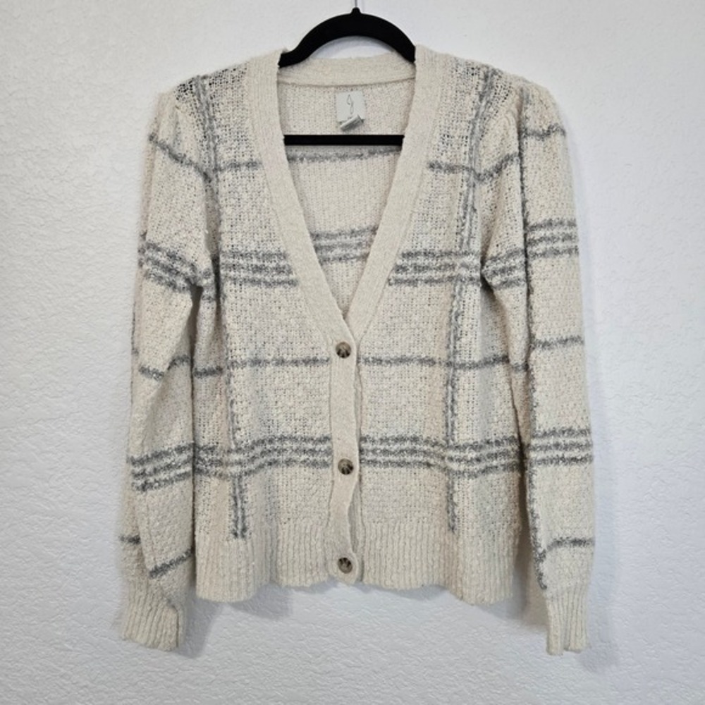 Joie Cream and Gray Windowpane Knit Cardigan